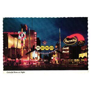 Colorful Reno At Night Postcard Reno Arch Virginia St 1970s Design Gambling Tour